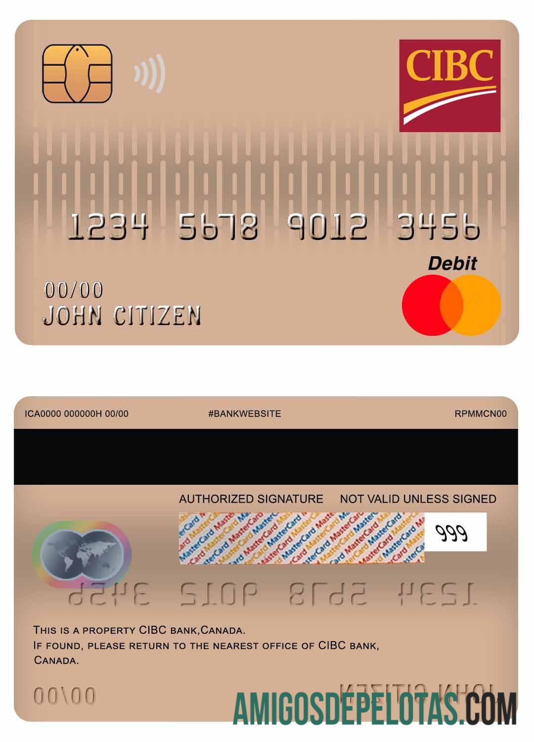 Cartão de débito Mastercard do banco CIBC do Canadá exemplo